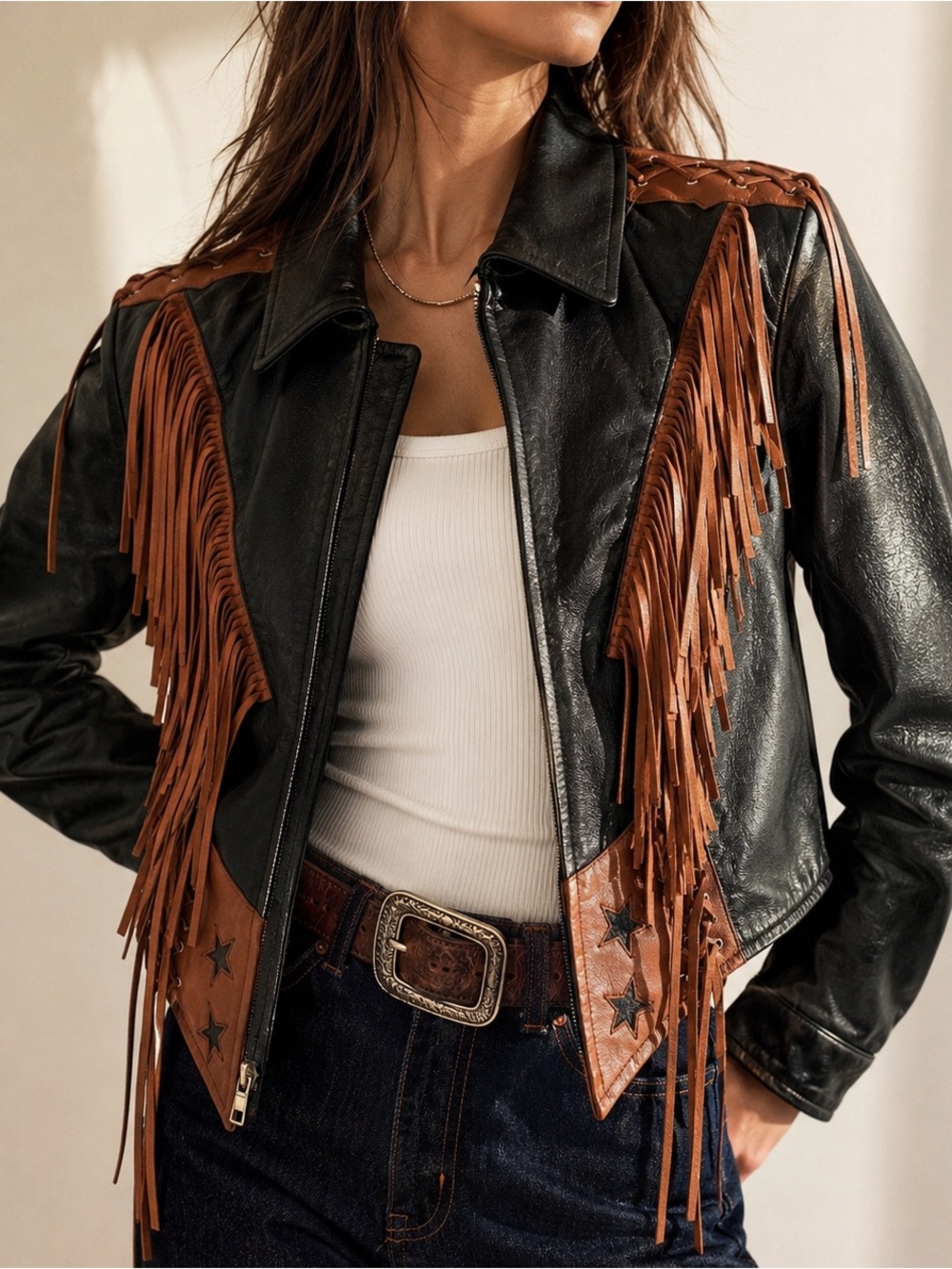 Vintage 90s FMC RangeWear Black Leather Fringe Western Jacket Women’s L